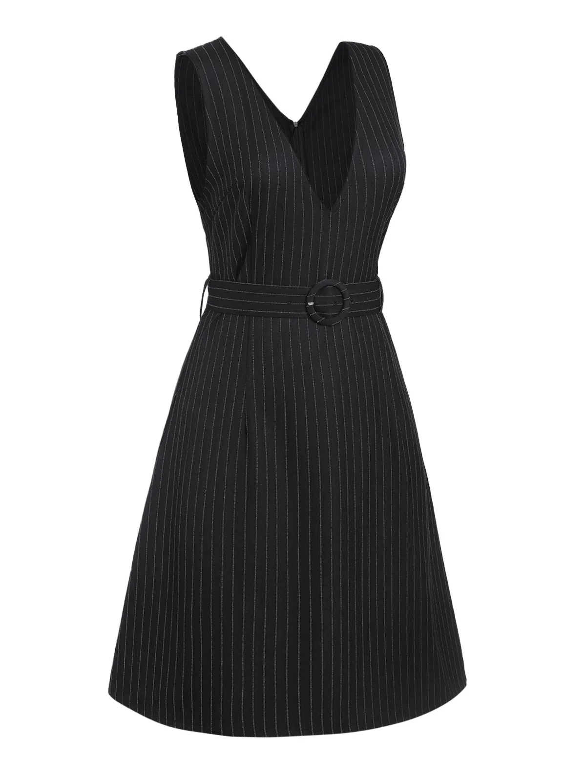 Black 1960s Striped V-Neck Belted Dress - Image 3