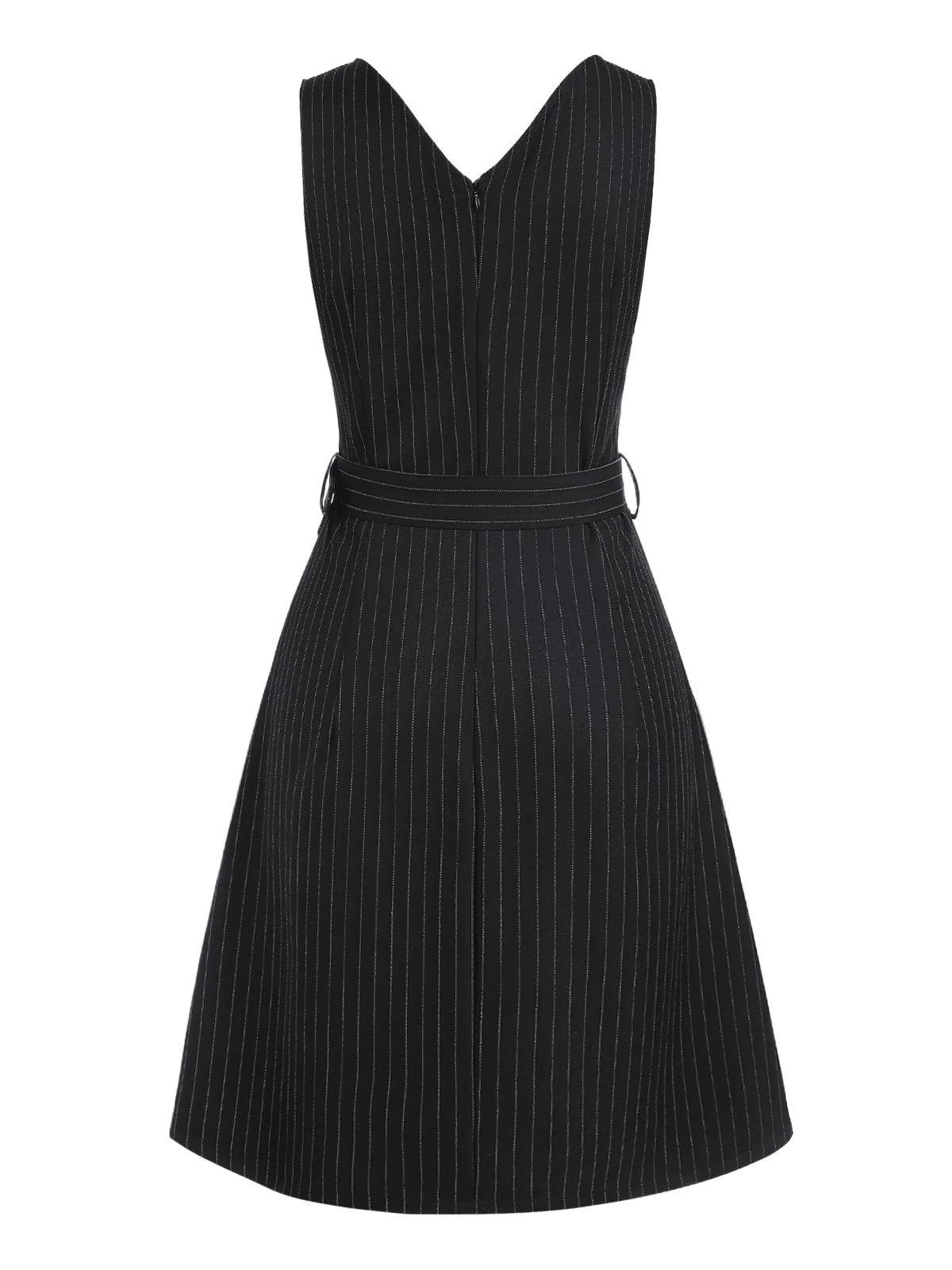 Black 1960s Striped V-Neck Belted Dress - Image 4