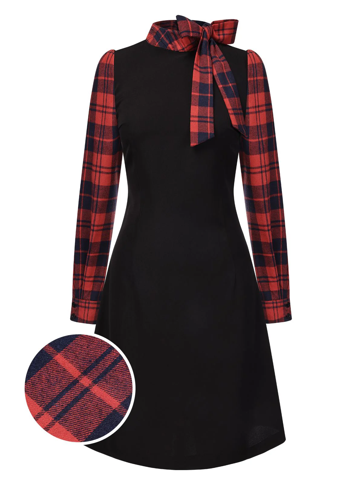 Black 1960s Tie Neck Plaids Bow Dress - Image 2
