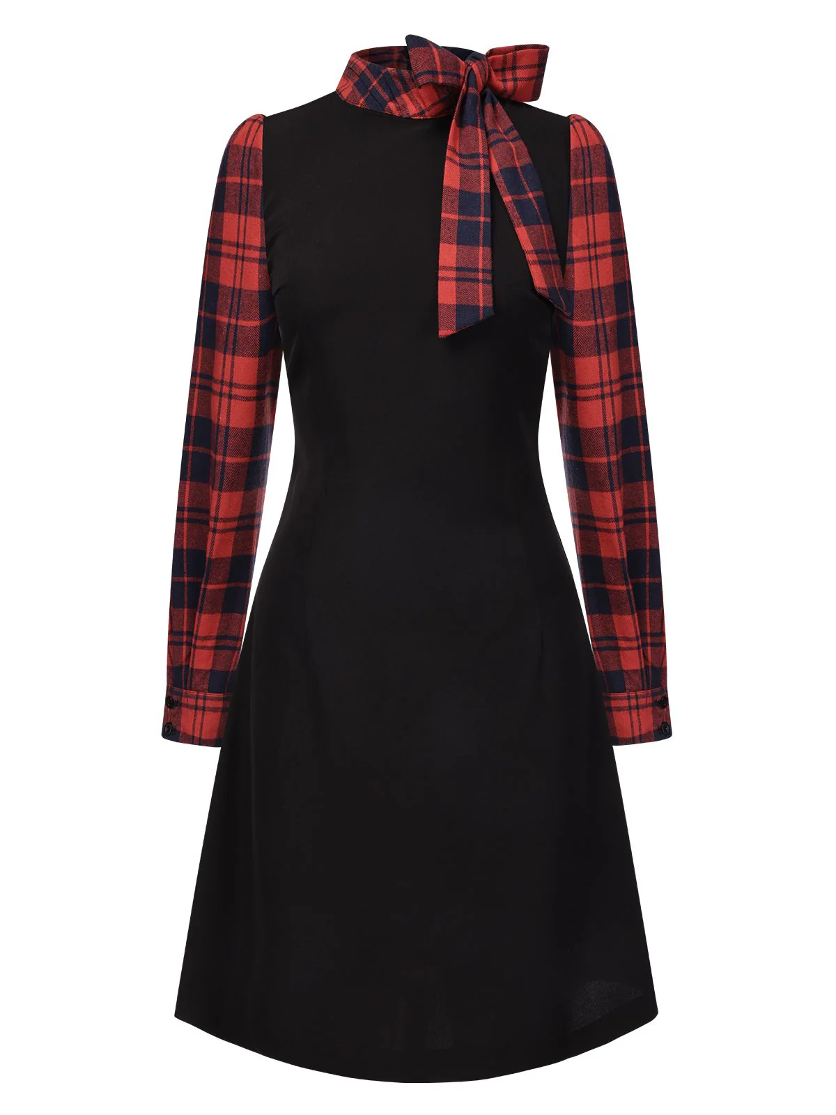 Black 1960s Tie Neck Plaids Bow Dress - Image 3