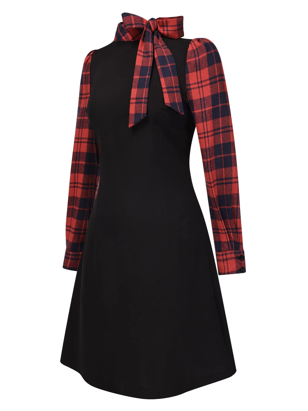 Black 1960s Tie Neck Plaids Bow Dress - Image 4
