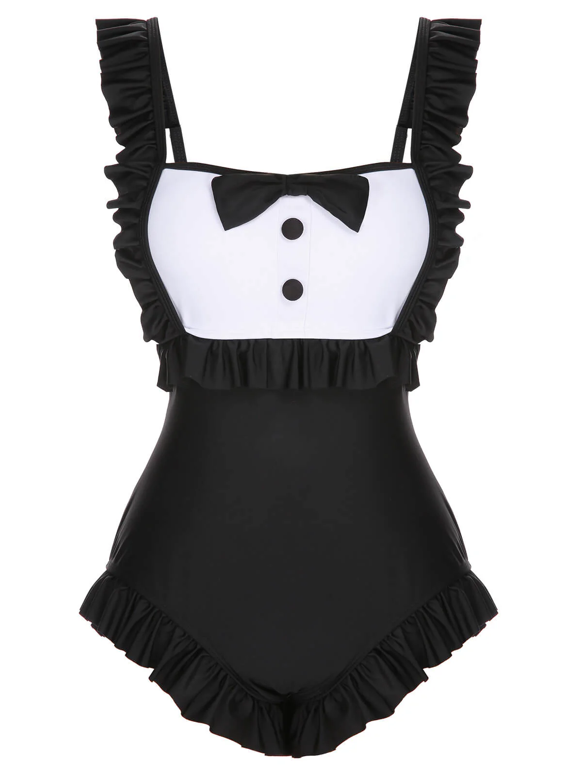 Black 1960s Tuxedo Ruffle Strap Swimsuit - Image 2
