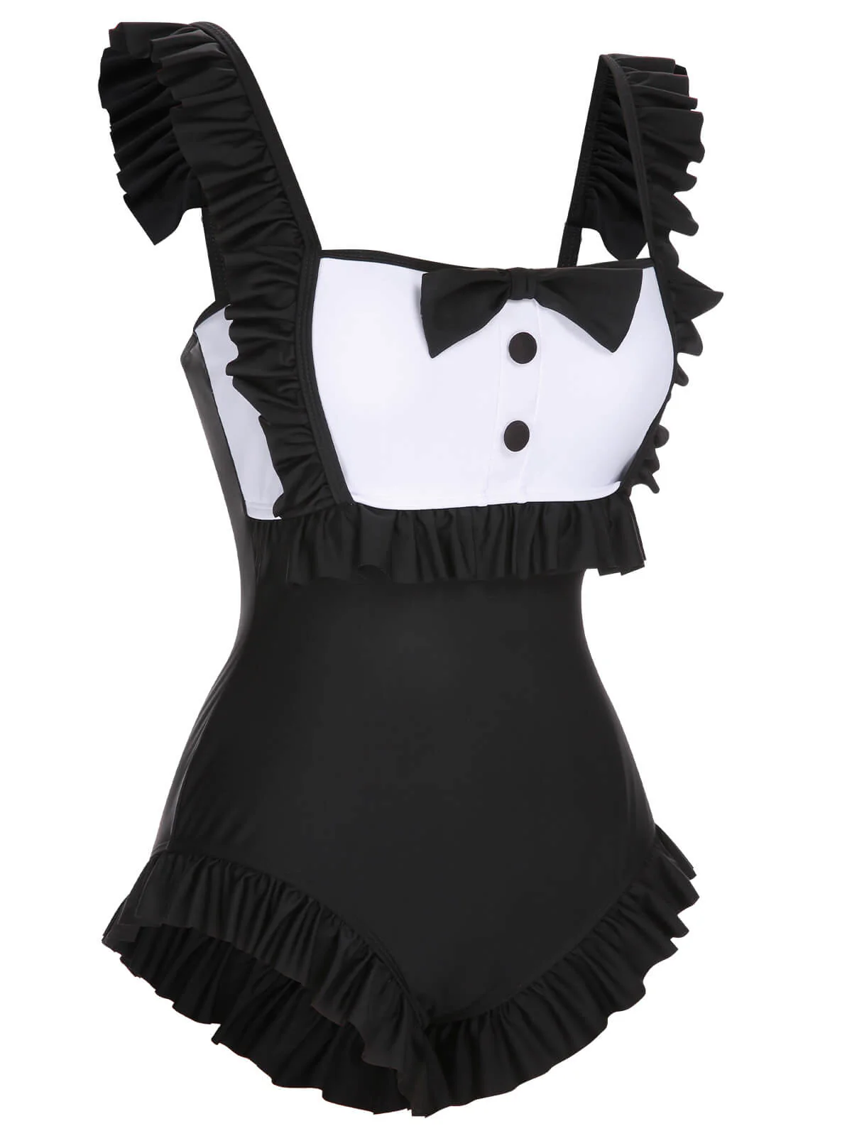 Black 1960s Tuxedo Ruffle Strap Swimsuit - Image 3