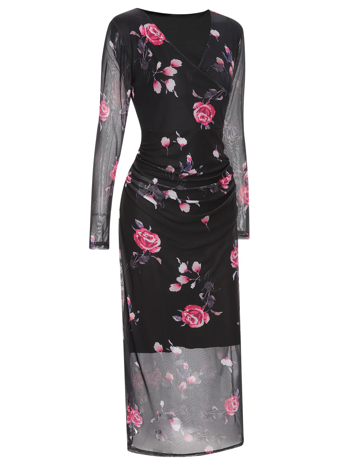 Black 1960s V-Neck Floral Mesh Dress - Image 2