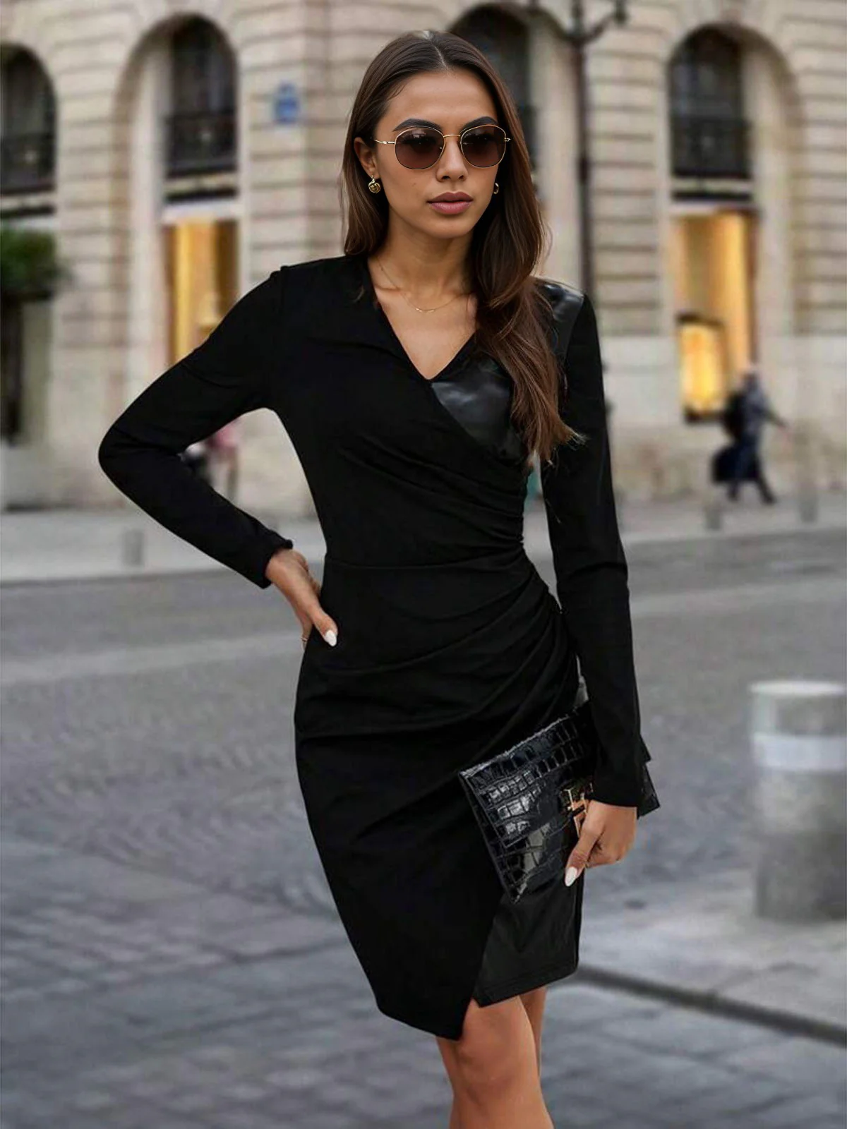 Black 1960s V-Neck Leather Patchwork Bodycon Dress - Image 3