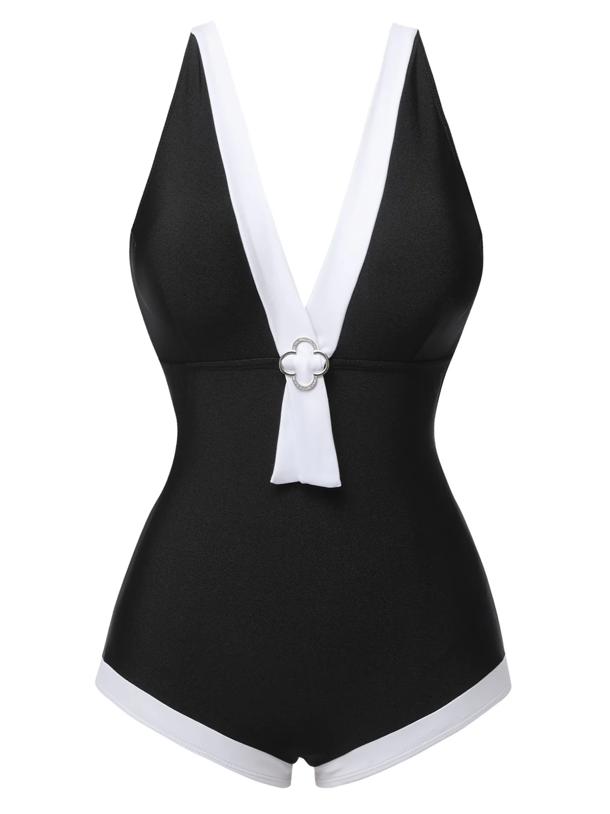 Black 1960s V-Neck Patchwork One-Piece Swimsuit - Image 2