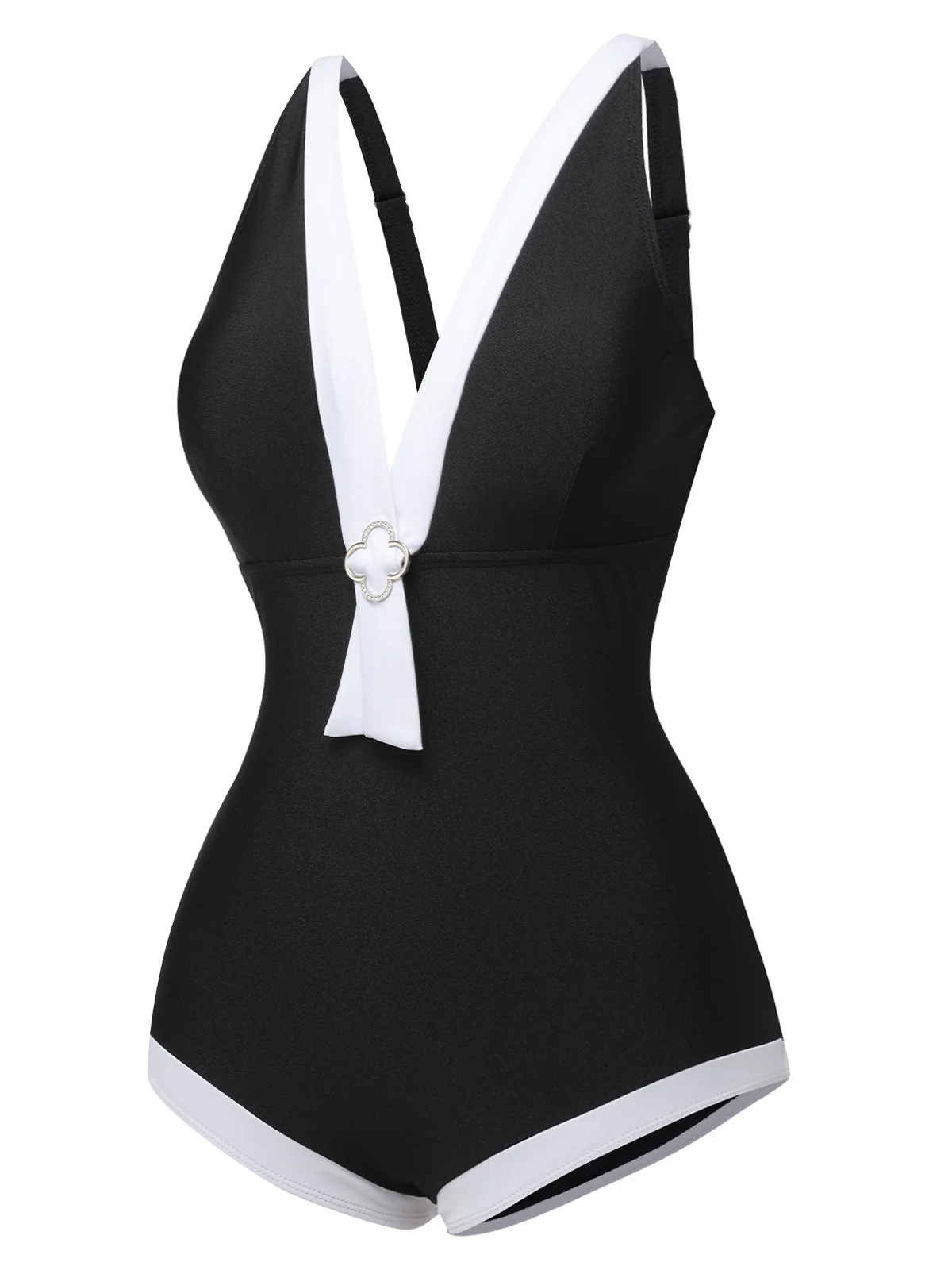 Black 1960s V-Neck Patchwork One-Piece Swimsuit - Image 3