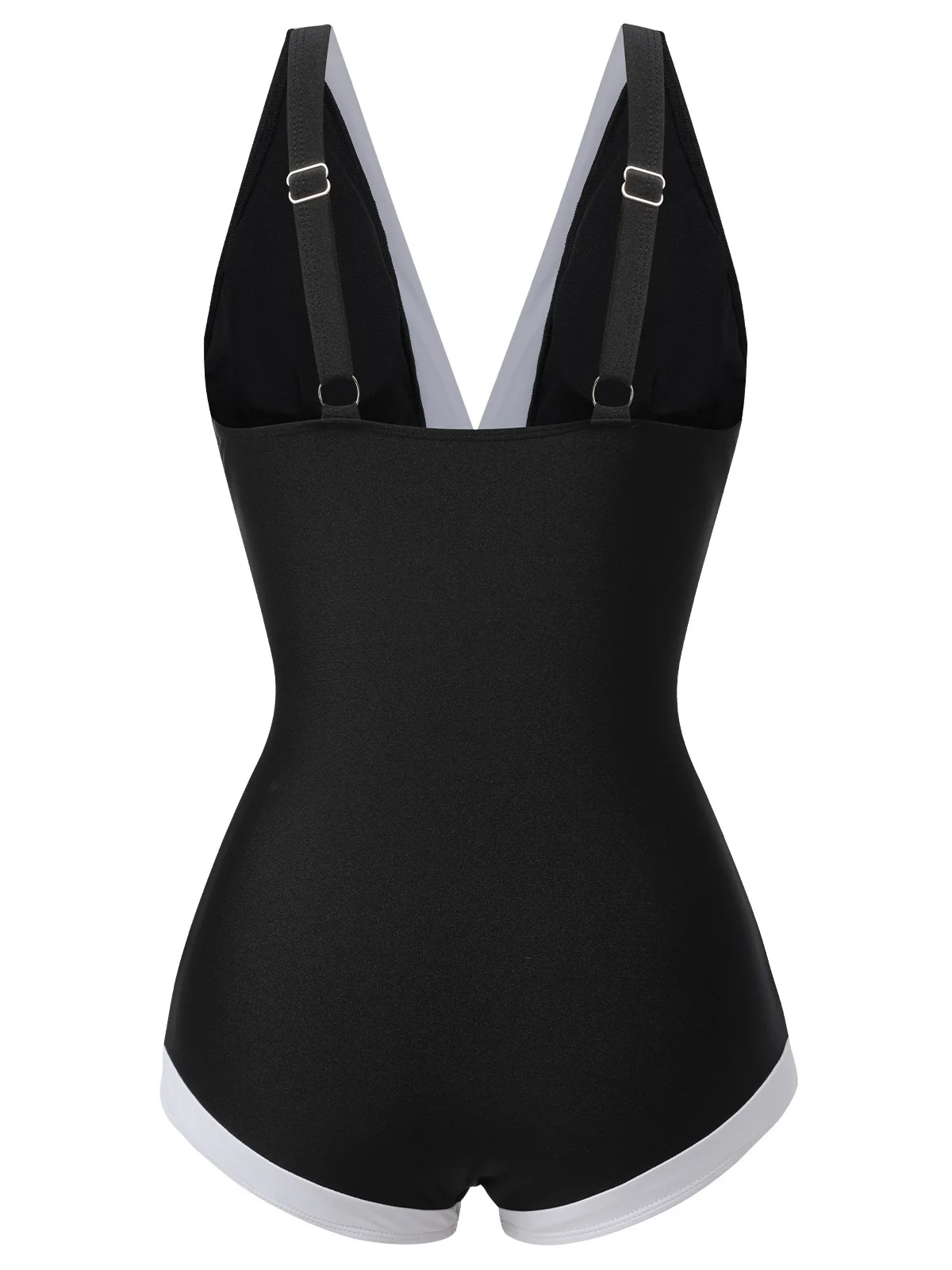 Black 1960s V-Neck Patchwork One-Piece Swimsuit - Image 4