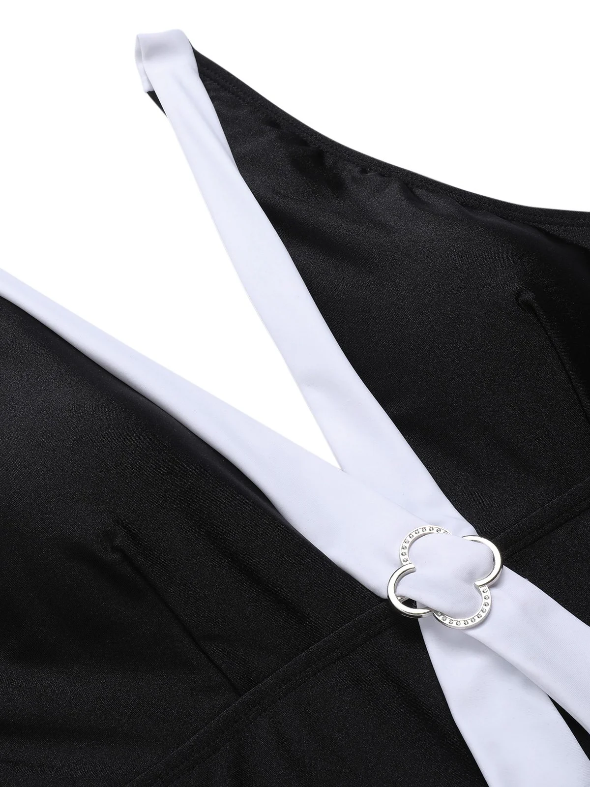 Black 1960s V-Neck Patchwork One-Piece Swimsuit - Image 5