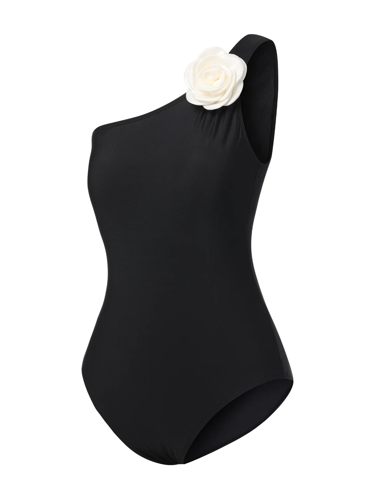 Black 1970s 3D Flower One-Shoulder Swimsuit - Image 2
