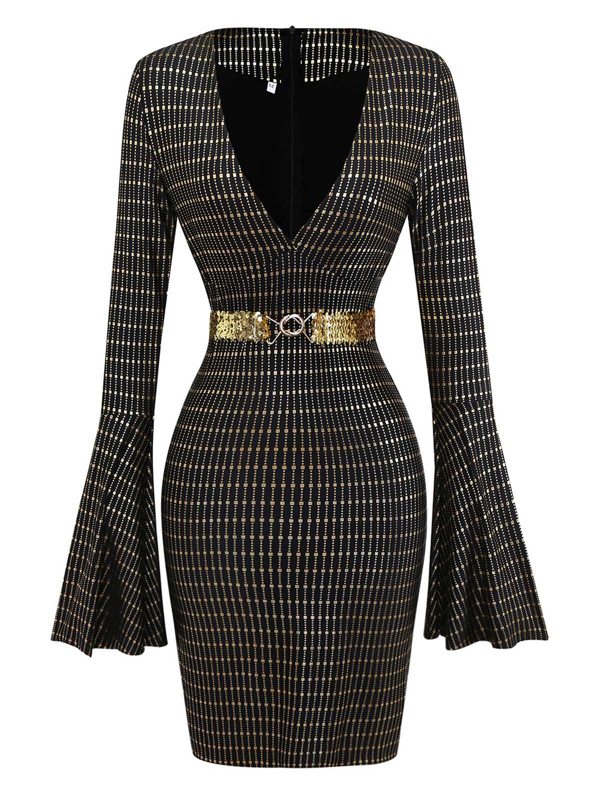 Black 1970s Bell Sleeve Sheer Belted Disco Dress - Image 3