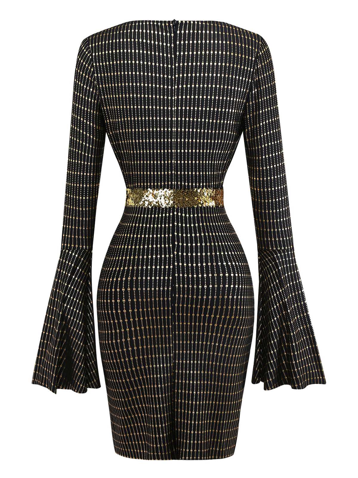 Black 1970s Bell Sleeve Sheer Belted Disco Dress - Image 4