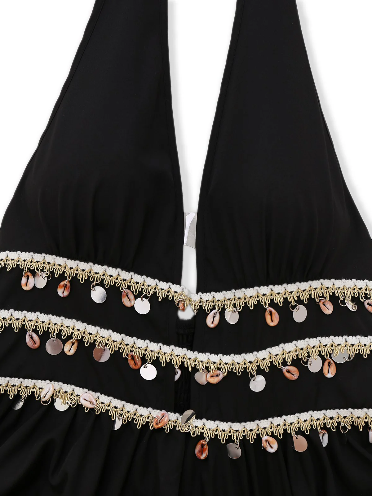 Black 1970s Bohemian Shell Fringe Smocked Dress - Image 3