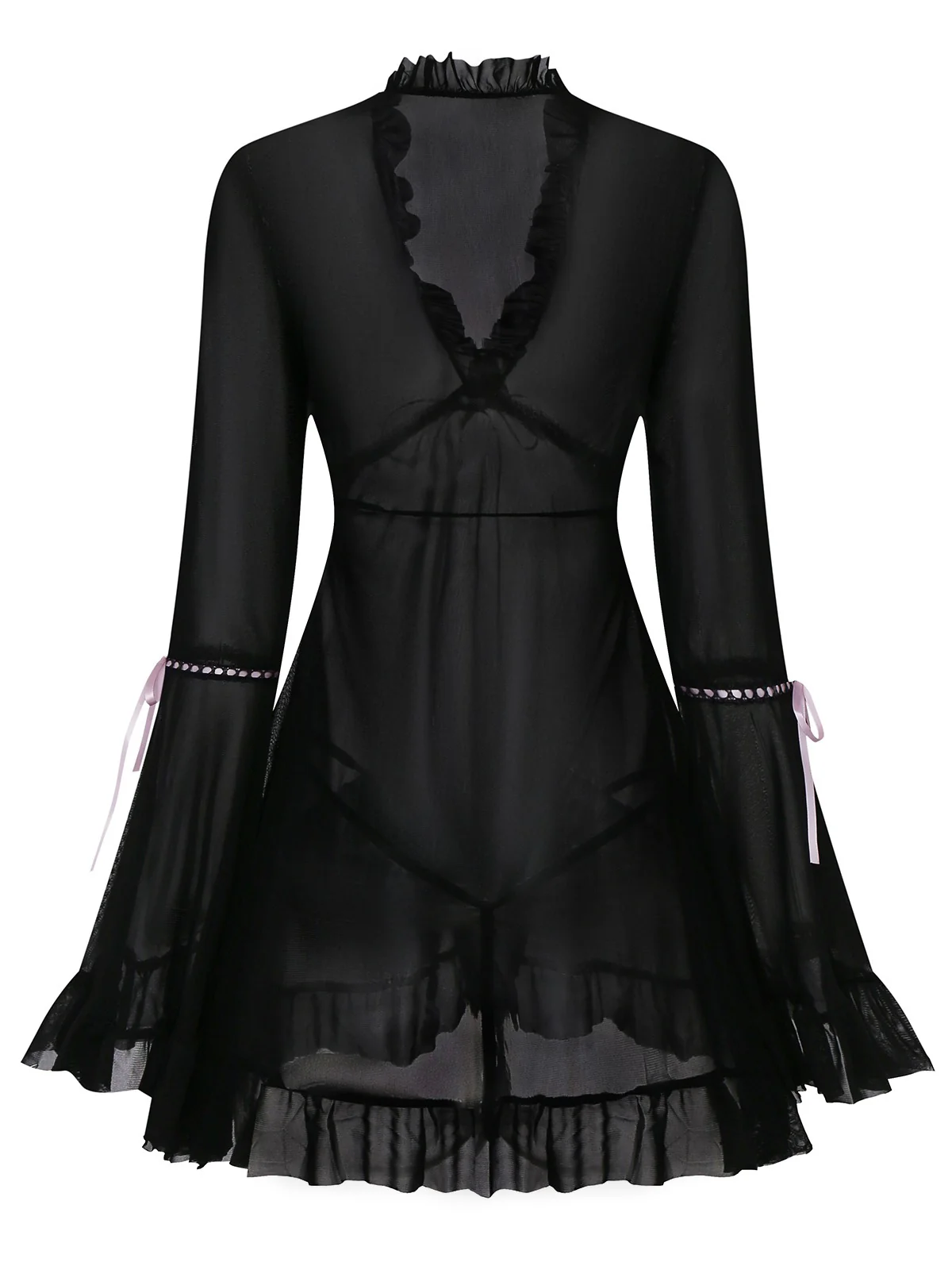 Black 1970s Bowknot Ruffled Sheer Nightdress - Image 2