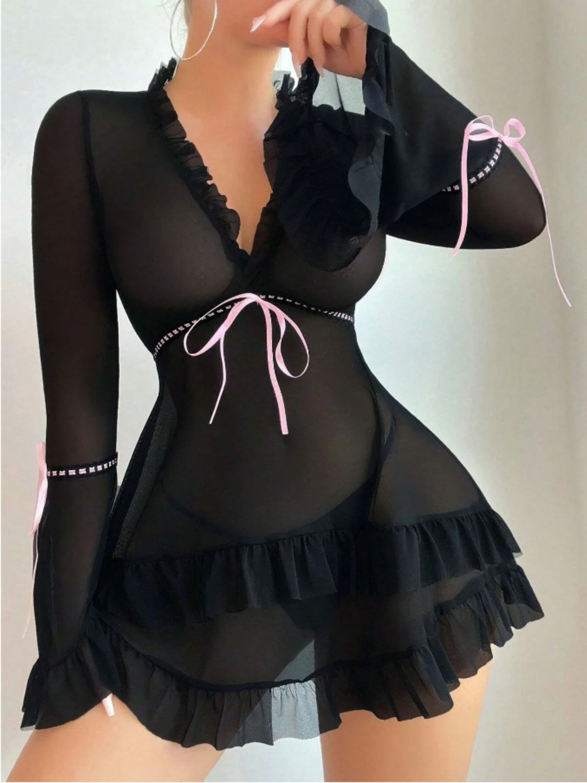 Black 1970s Bowknot Ruffled Sheer Nightdress - Image 3