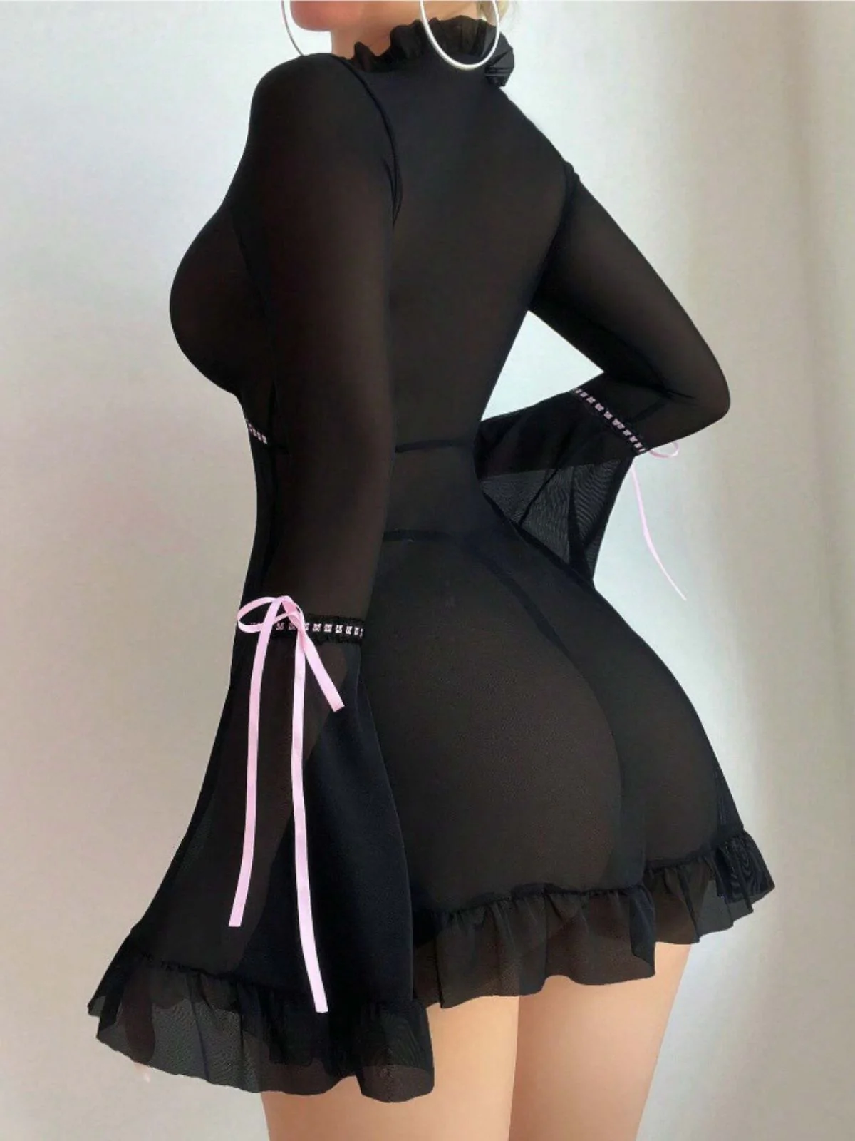 Black 1970s Bowknot Ruffled Sheer Nightdress - Image 4