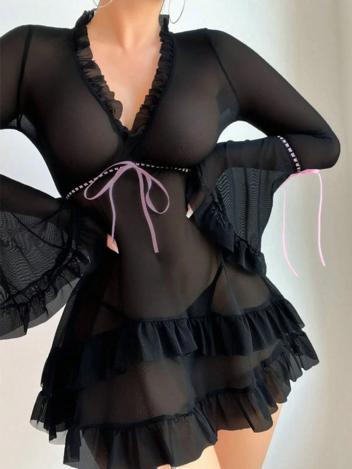 Black 1970s Bowknot Ruffled Sheer Nightdress - Image 5