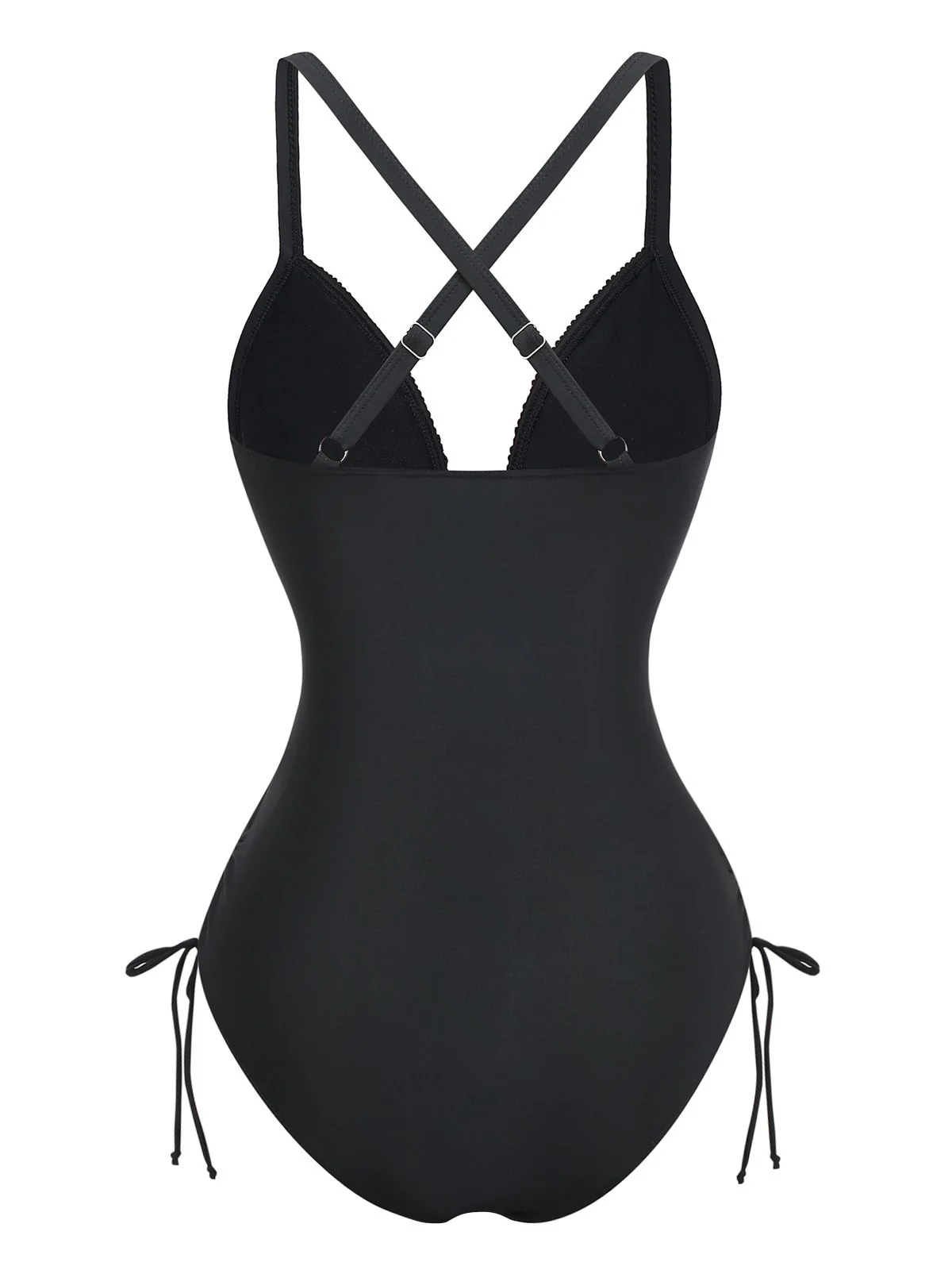 Black 1970s Deep V-Neck Tassels One-Piece Swimsuit - Image 2