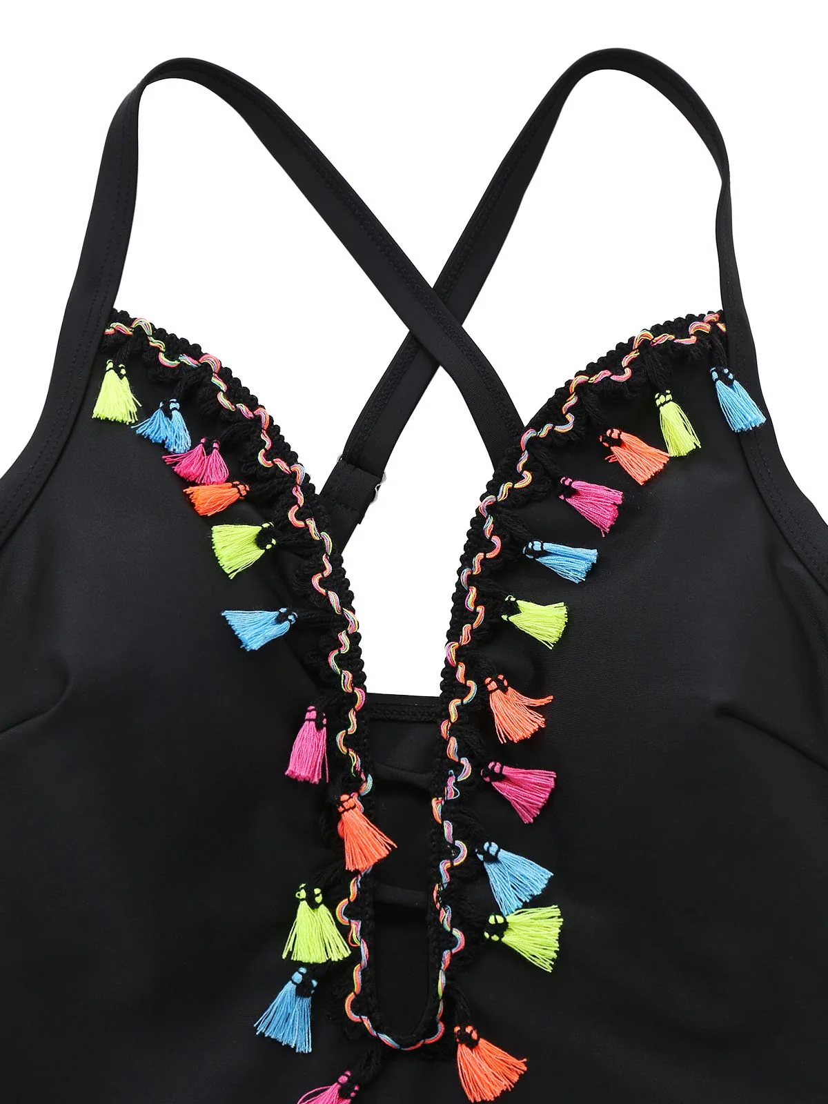 Black 1970s Deep V-Neck Tassels One-Piece Swimsuit - Image 3