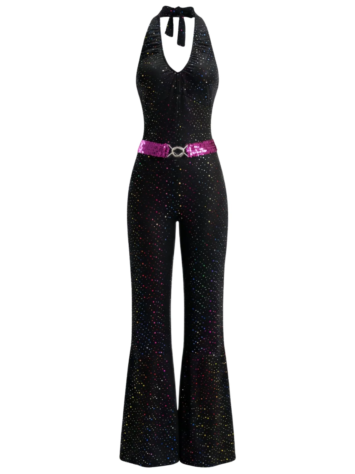 Black 1970s Disco Sequined Halter Flared Jumpsuit - Image 2