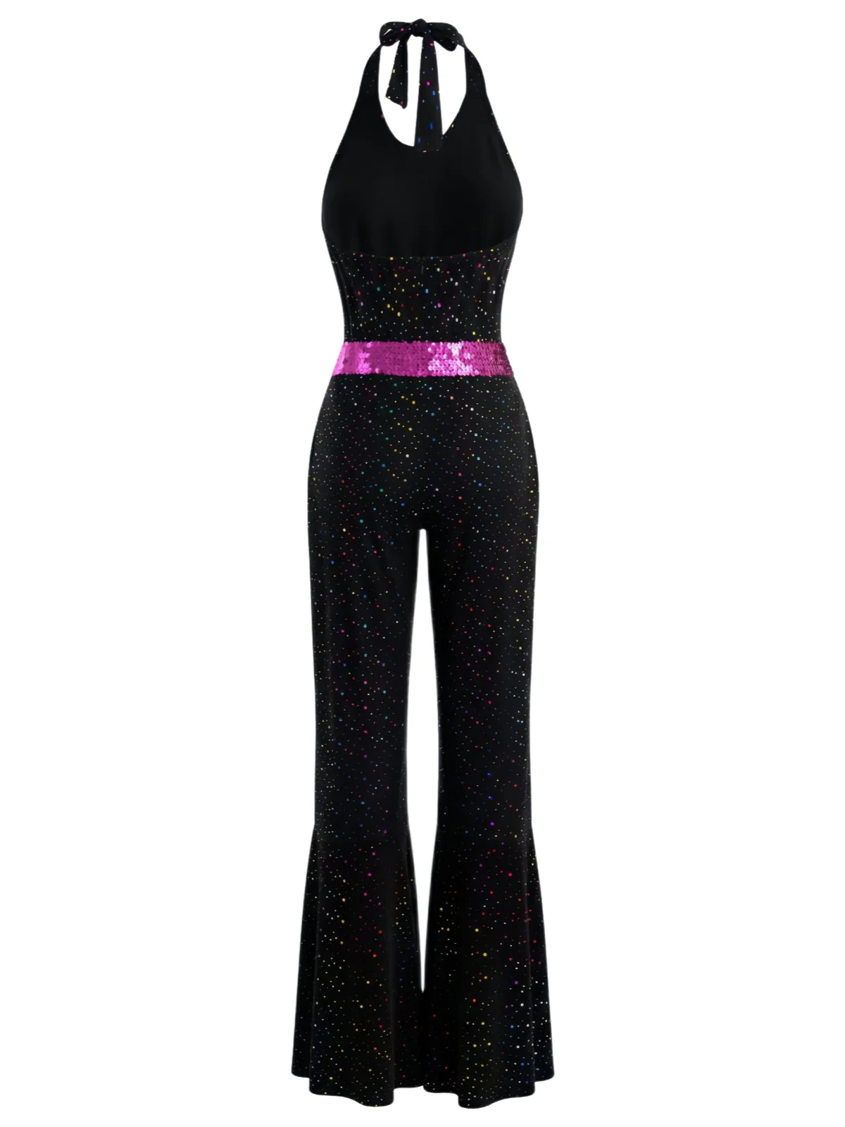 Black 1970s Disco Sequined Halter Flared Jumpsuit - Image 3