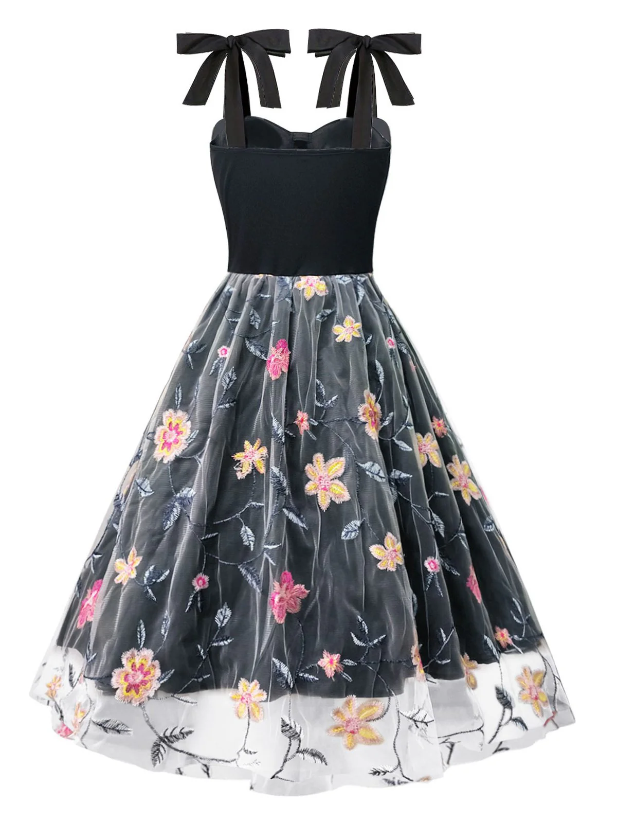 Black 1970s Embroidered Floral Patchwork Mesh Dress - Image 2