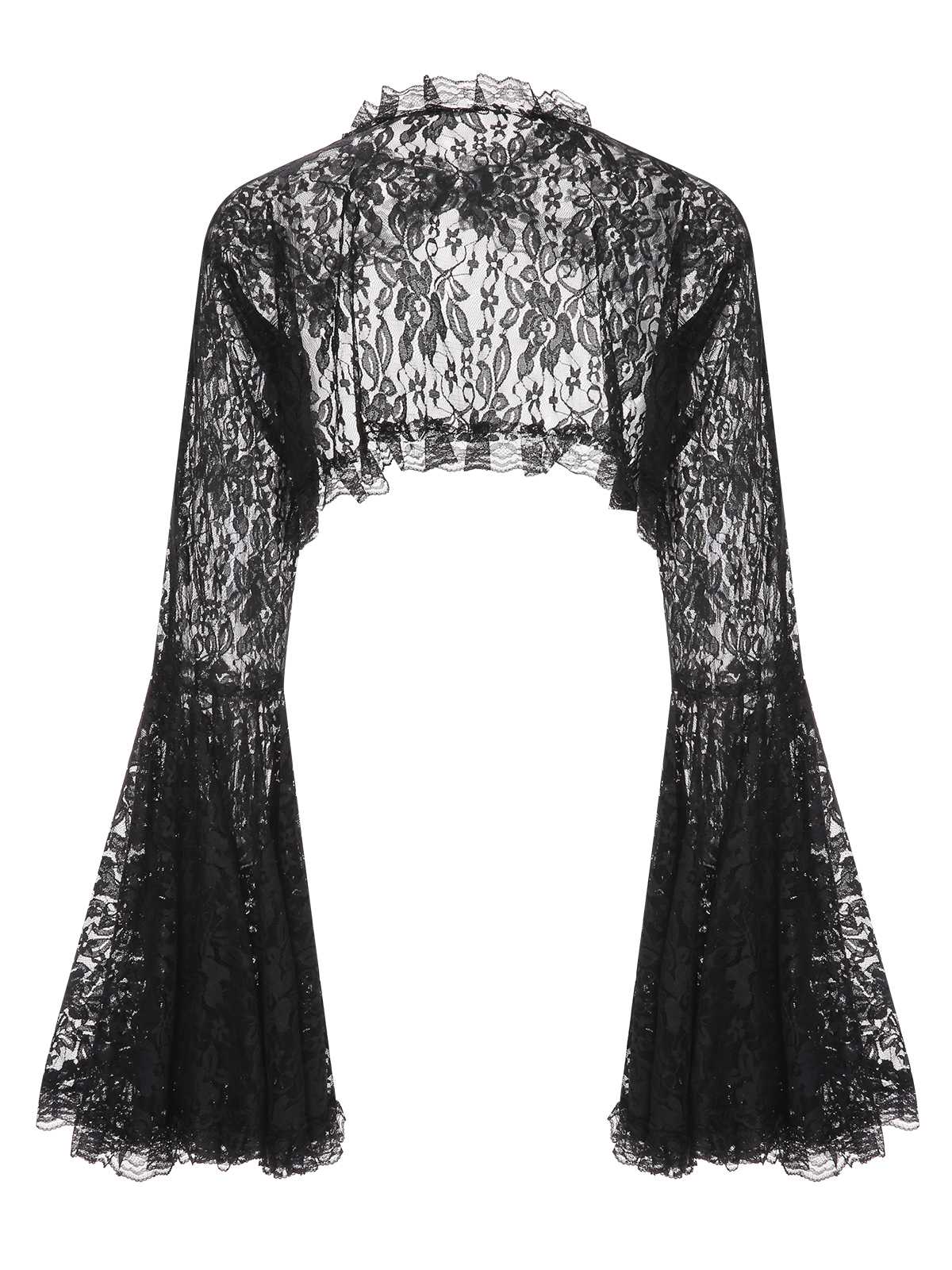Black 1970s Flare Sleeved Lace Sheer Cape - Image 2