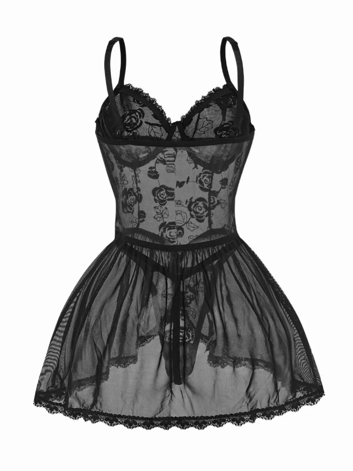 Black 1970s Rose Sheer Lace Suspender Babydoll Nightdress - Image 2