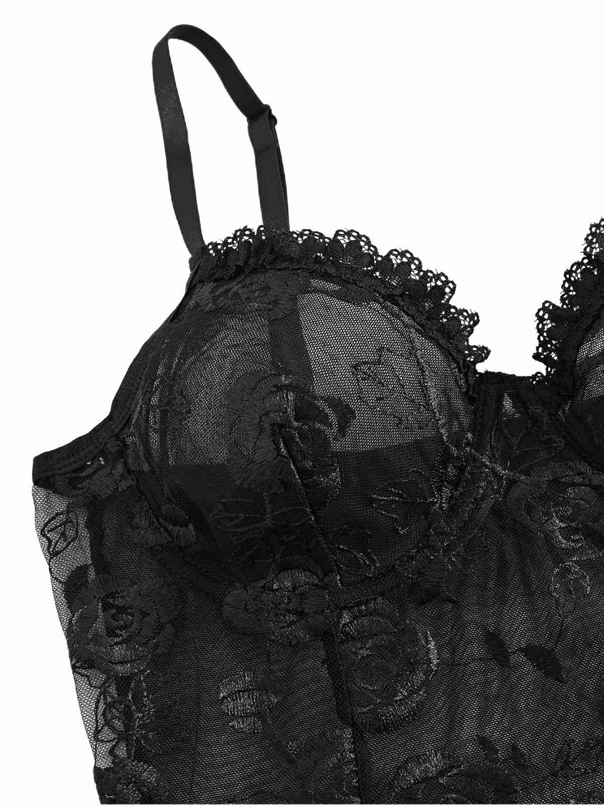 Black 1970s Rose Sheer Lace Suspender Babydoll Nightdress - Image 3
