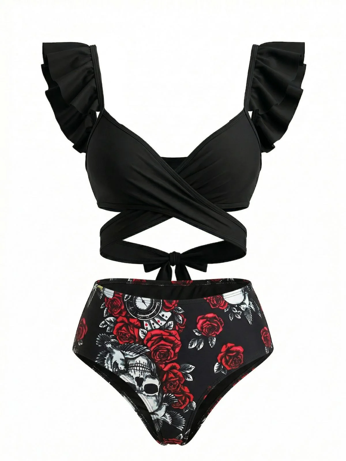 Black 1970s Gothic Ruffle Tankini Set - Image 2