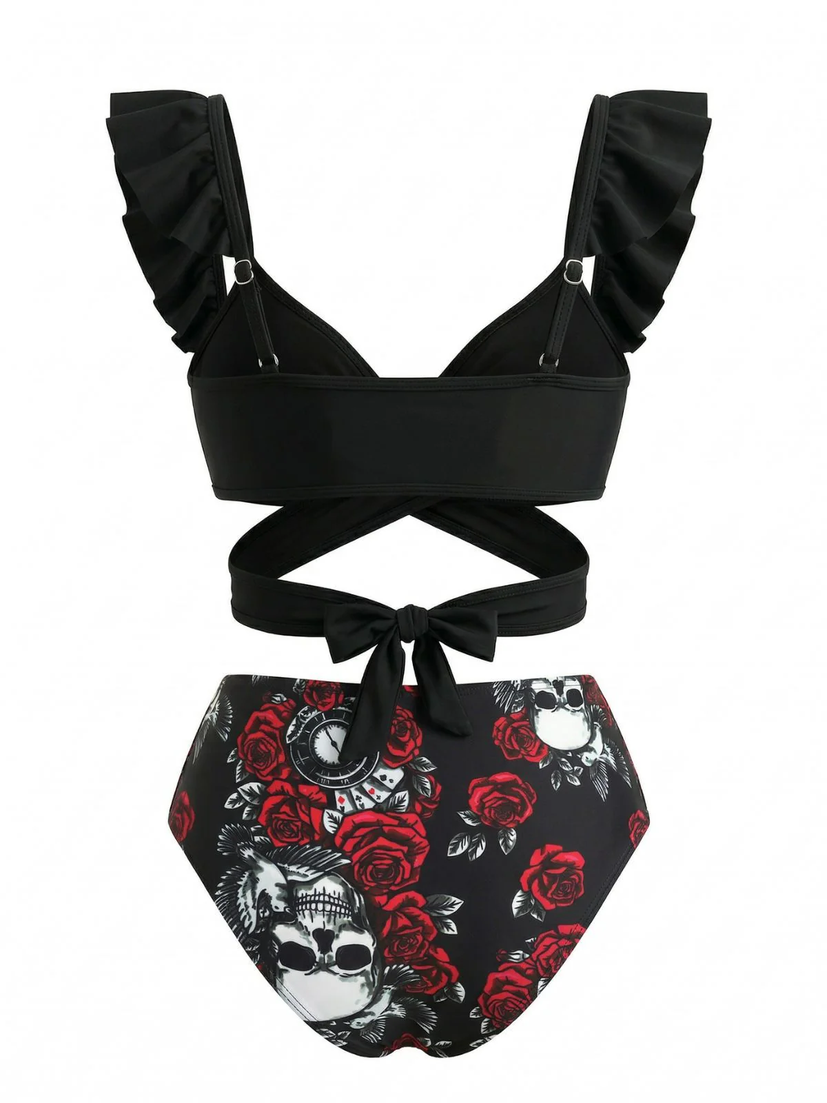 Black 1970s Gothic Ruffle Tankini Set - Image 3