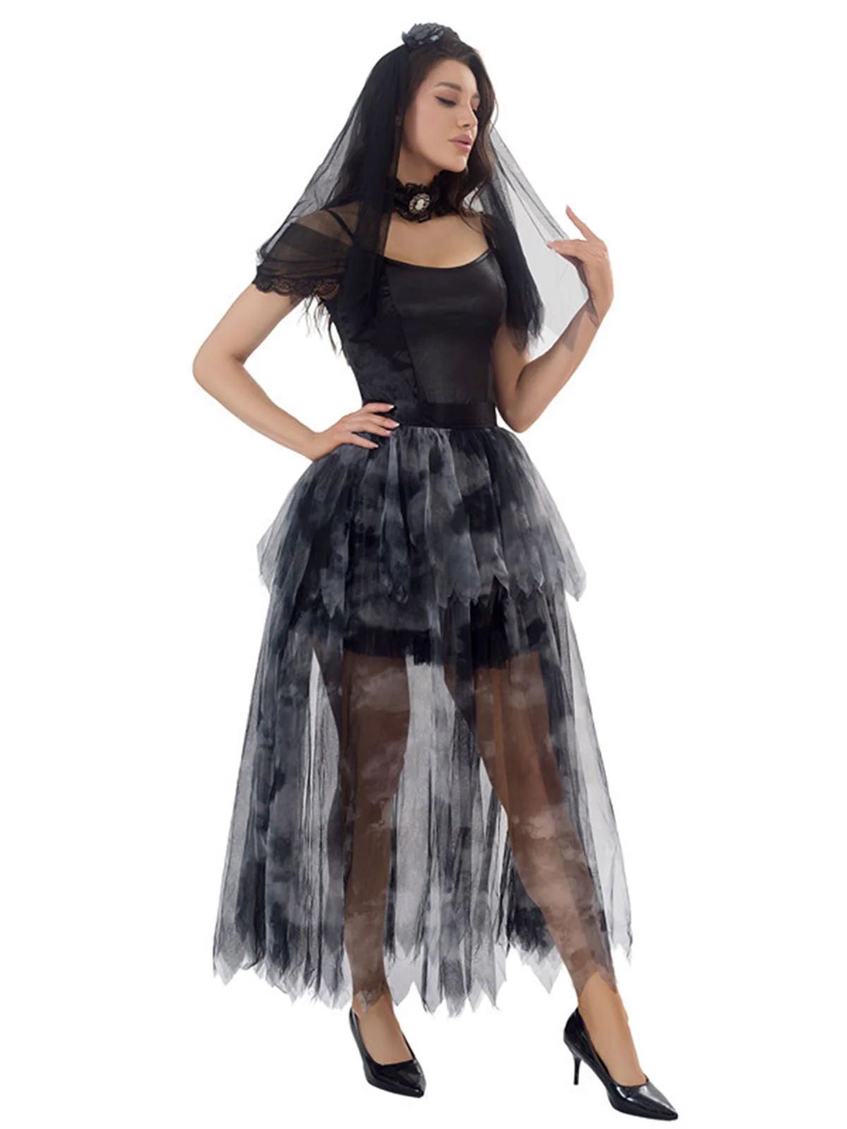 Black 1970s Halloween Ghost Bride Tulle Dress Set - Image 2