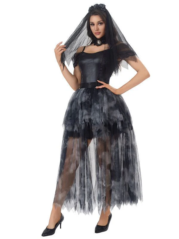 Black 1970s Halloween Ghost Bride Tulle Dress Set - Image 3