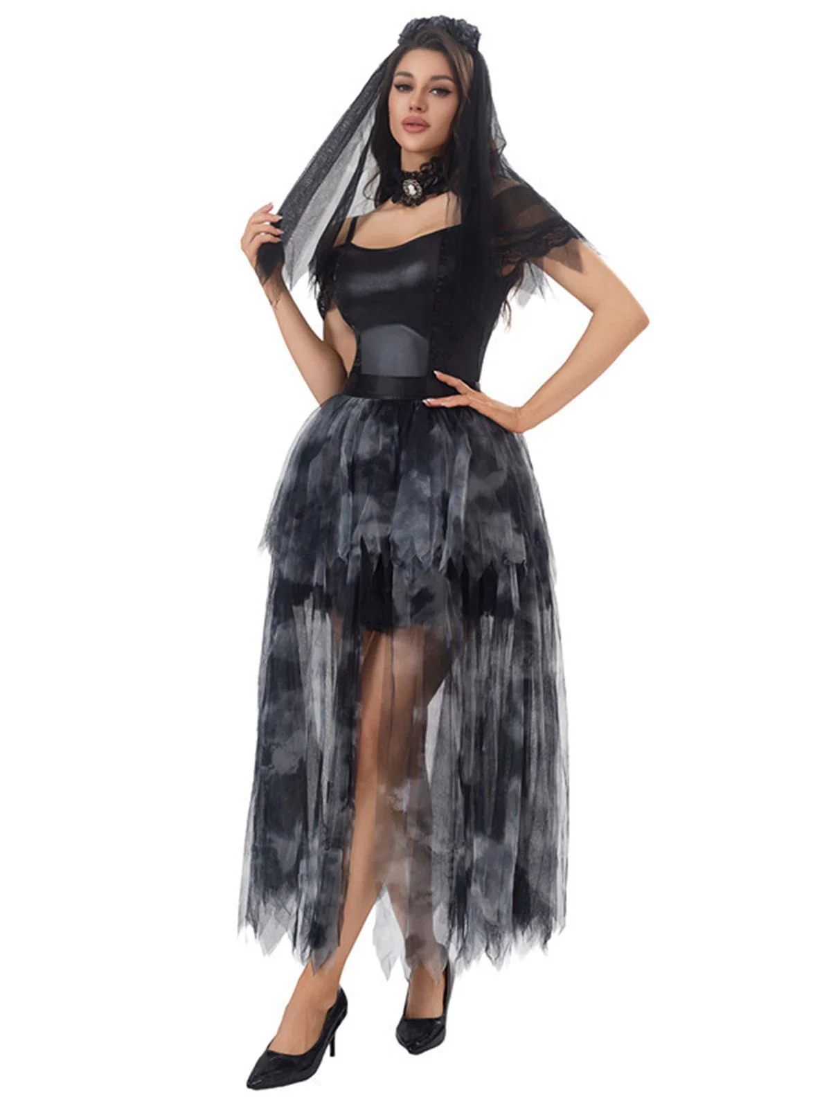 Black 1970s Halloween Ghost Bride Tulle Dress Set - Image 6