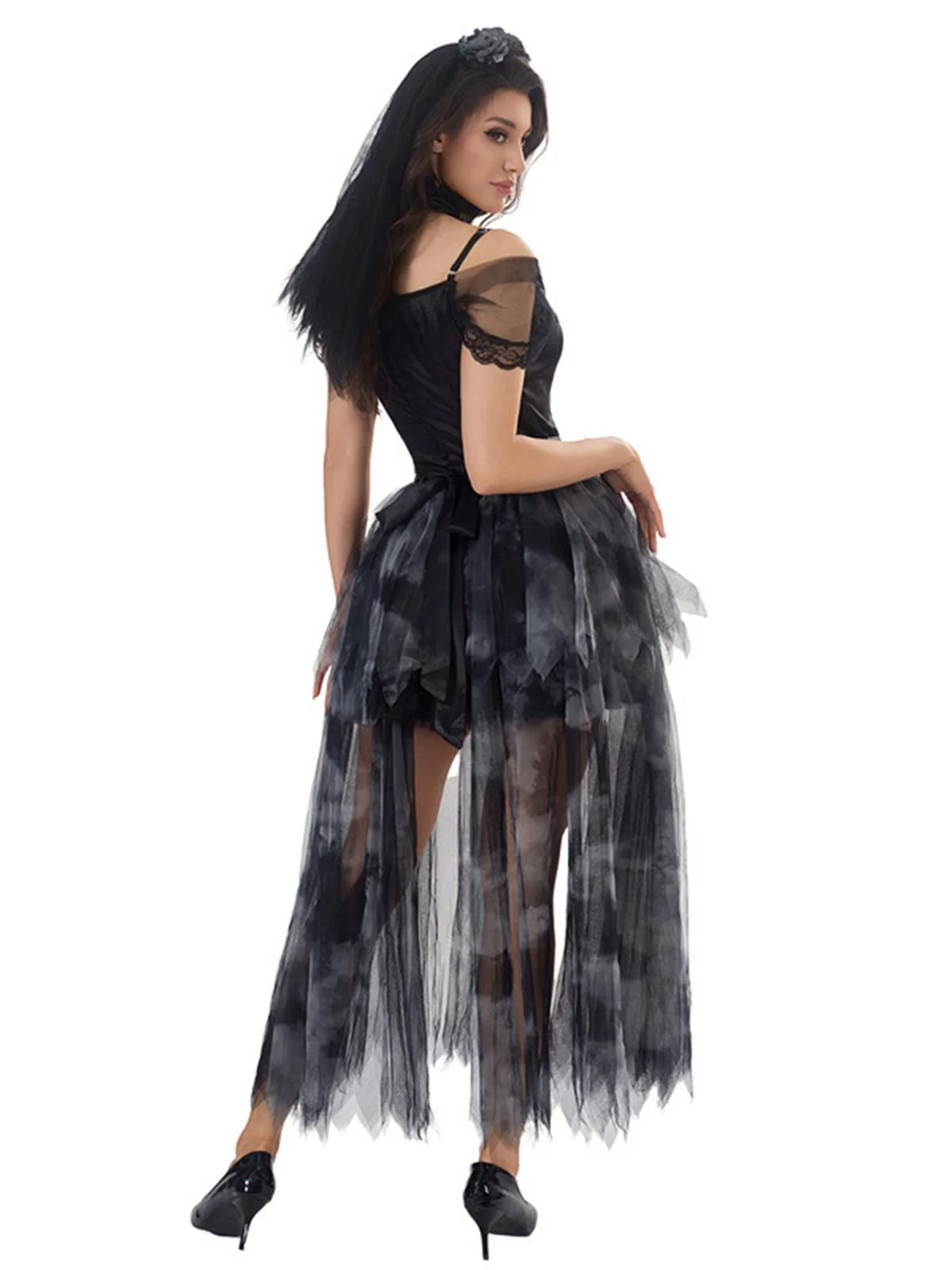 Black 1970s Halloween Ghost Bride Tulle Dress Set - Image 7