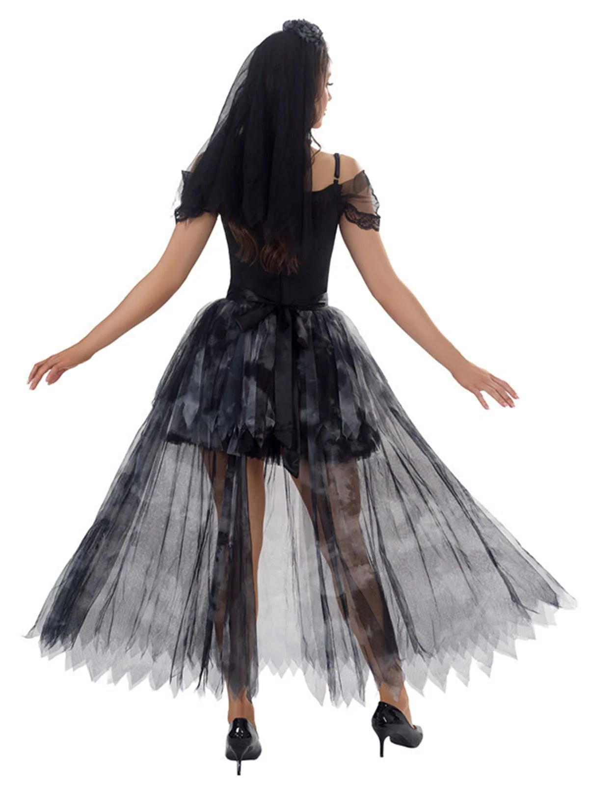 Black 1970s Halloween Ghost Bride Tulle Dress Set - Image 8