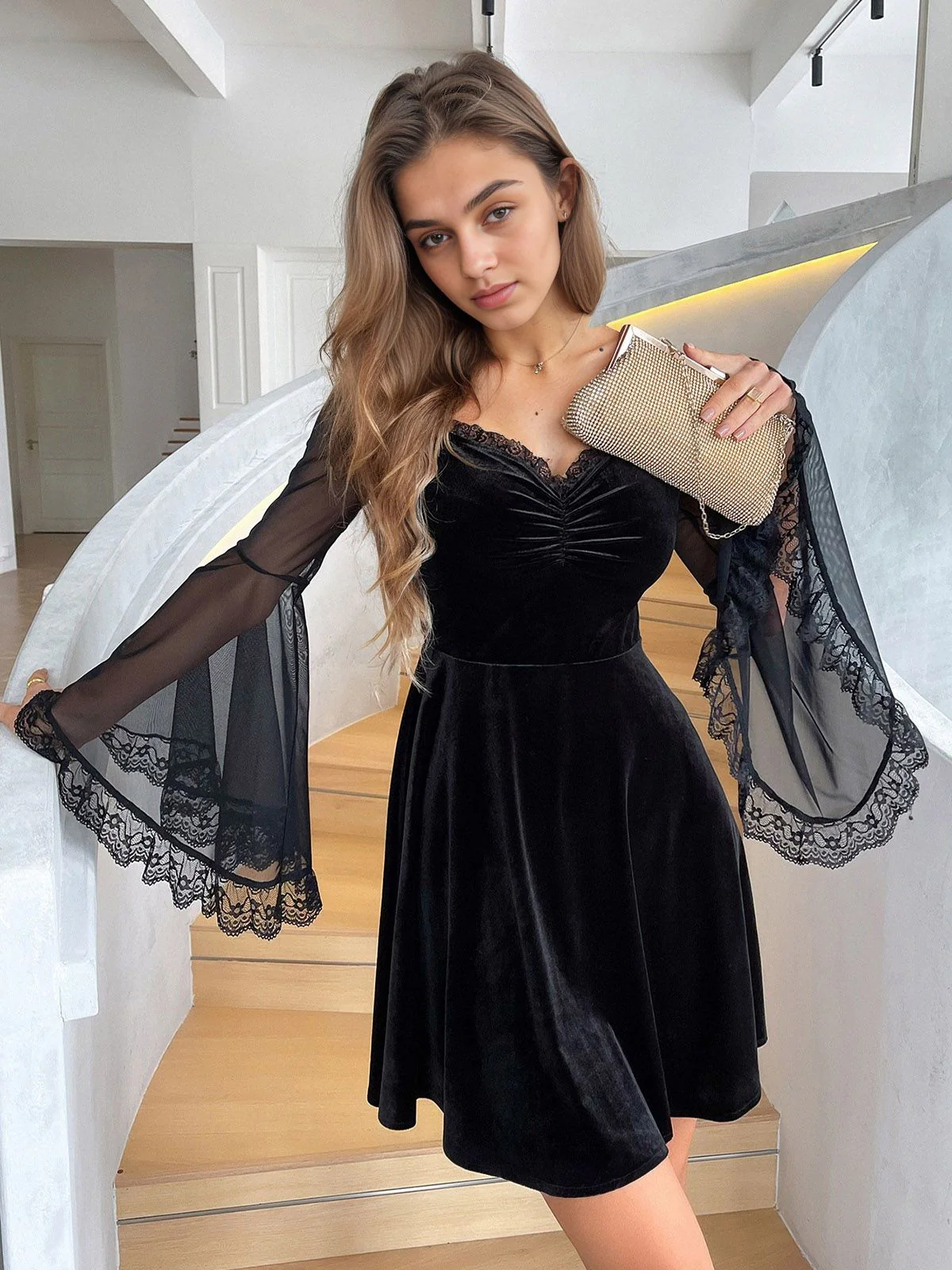 Black 1970s Halloween Lace Bat Sleeves Dress - Image 4