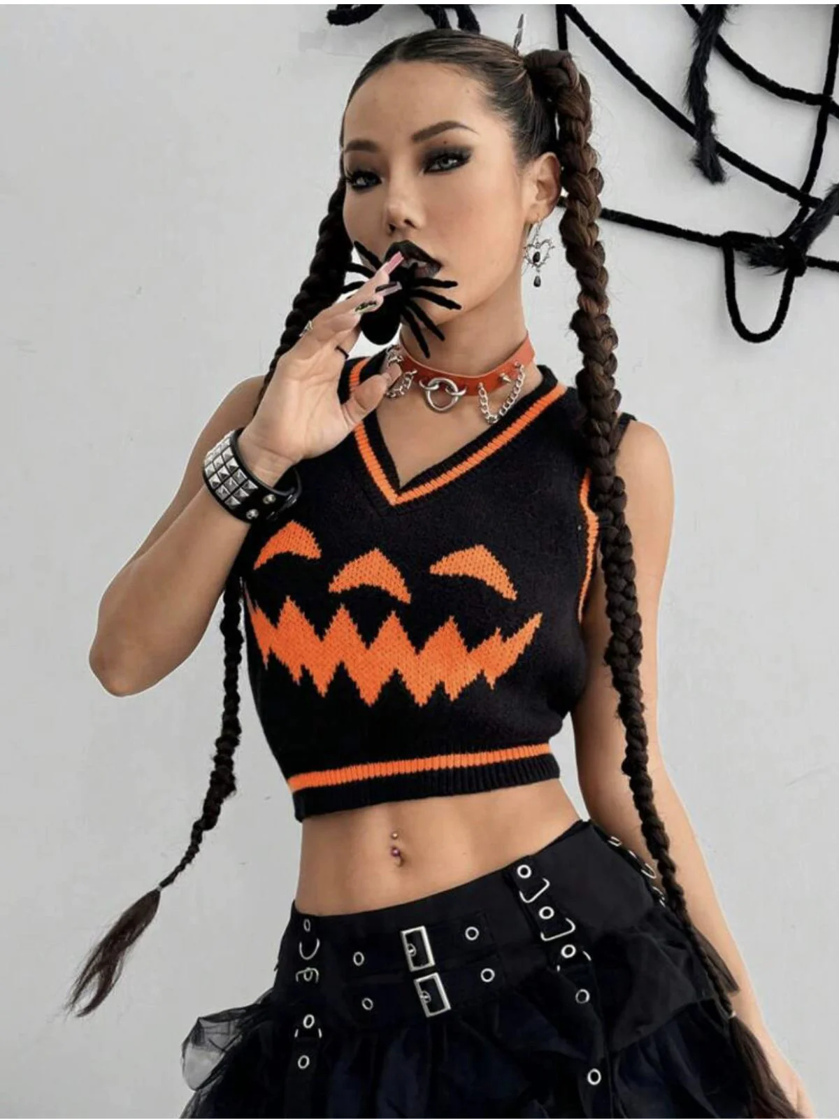 Black 1970s Halloween Pumpkin Face Sweater Vest - Image 3