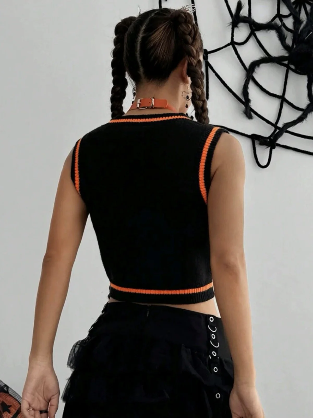 Black 1970s Halloween Pumpkin Face Sweater Vest - Image 4