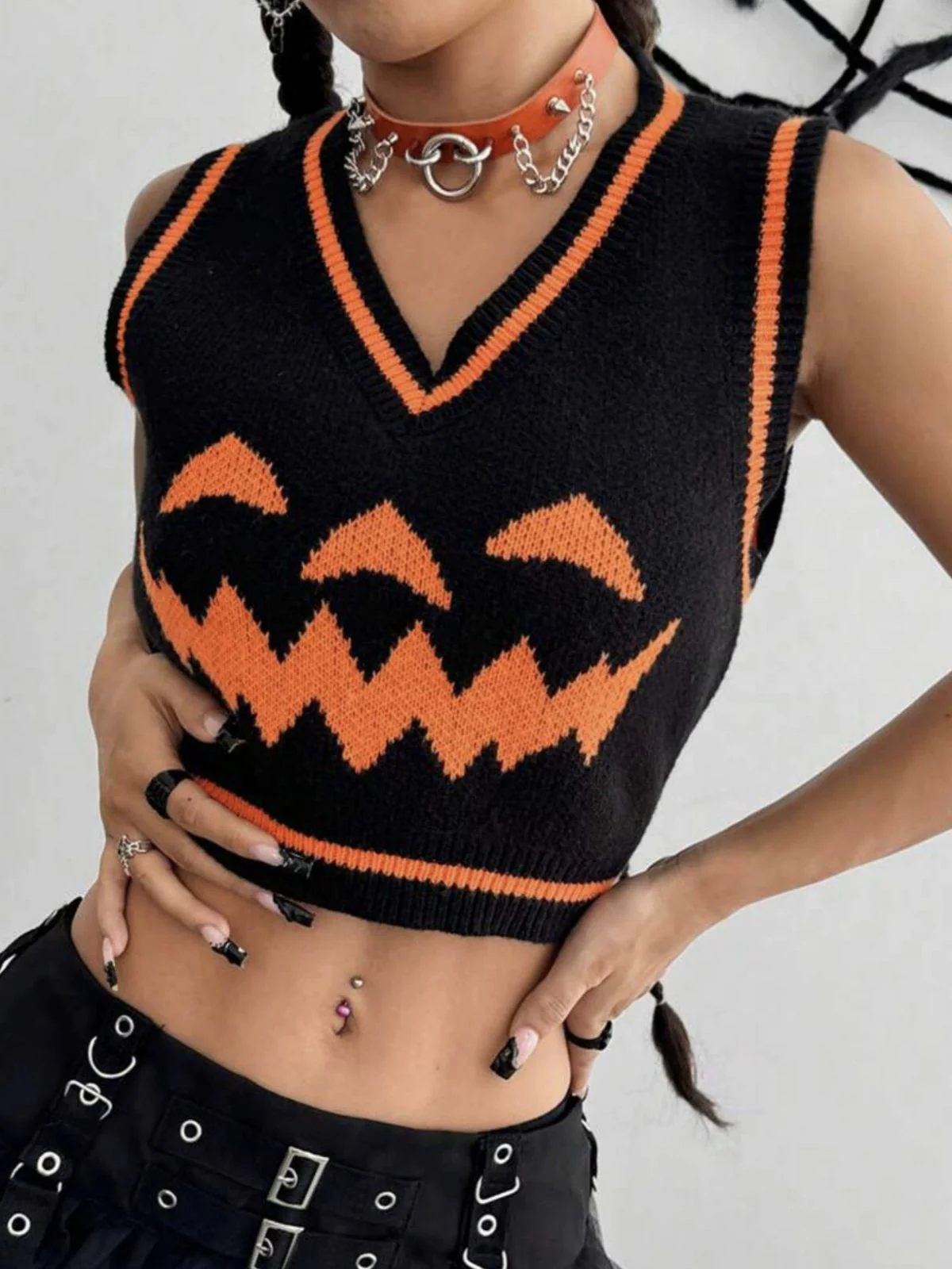 Black 1970s Halloween Pumpkin Face Sweater Vest - Image 5
