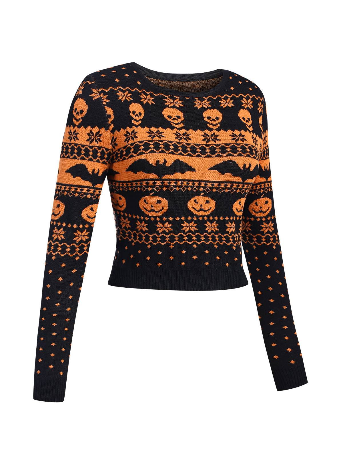 Black 1970s Halloween Skull Bat Crop Sweater - Image 3