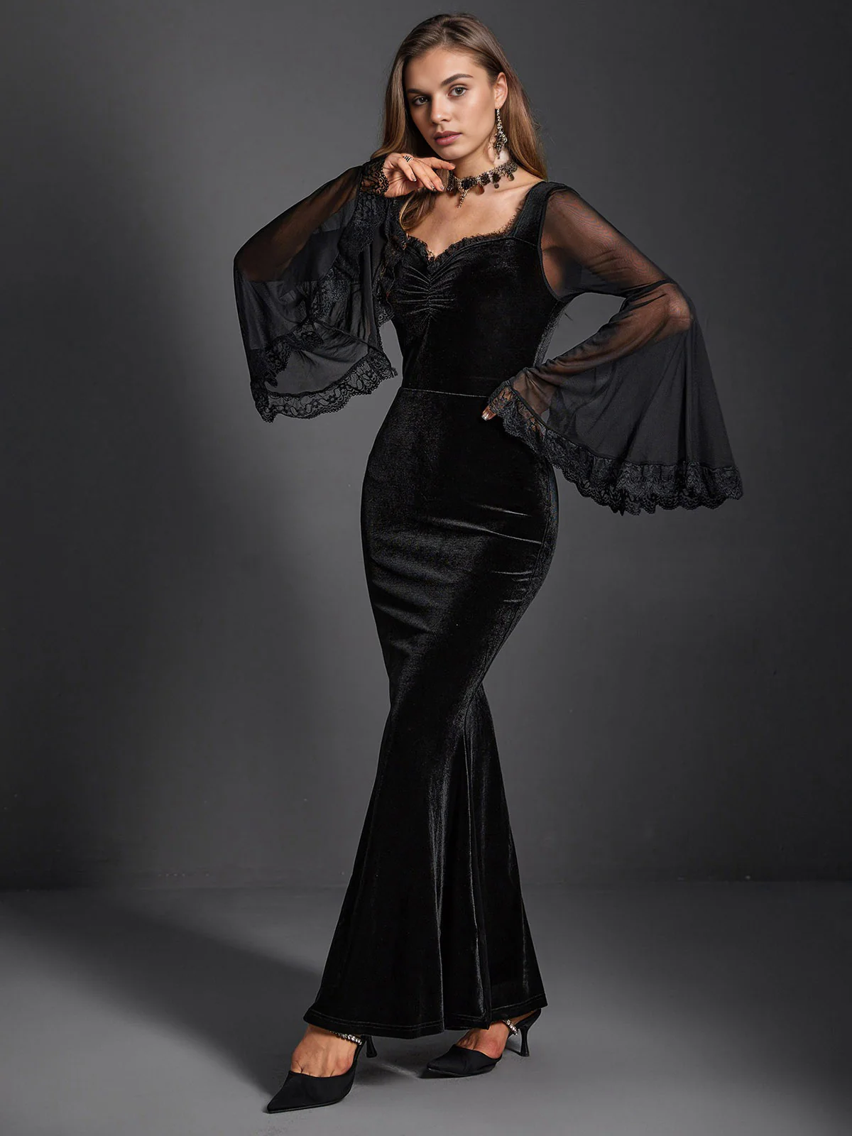 Black 1970s Halloween Solid Lace Dress - Image 3
