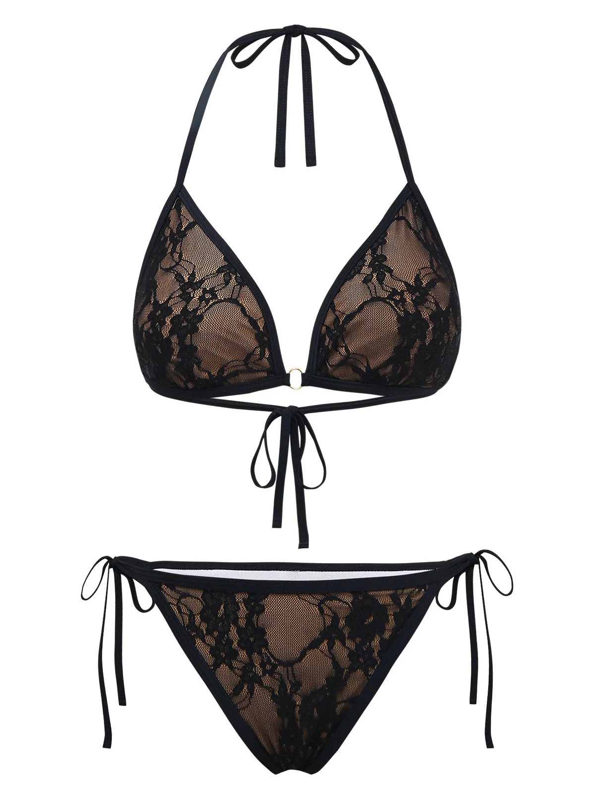 Black 1970s Halter Floral Lace Bikini Set - Image 2
