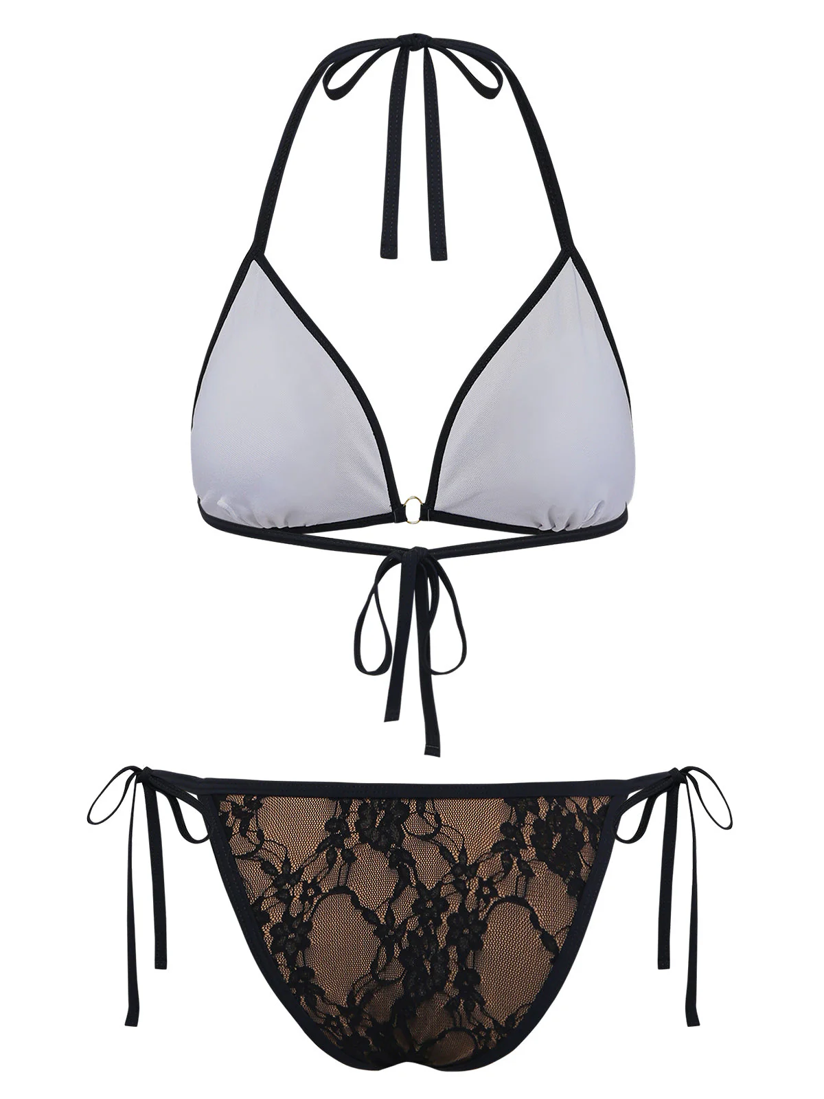 Black 1970s Halter Floral Lace Bikini Set - Image 3