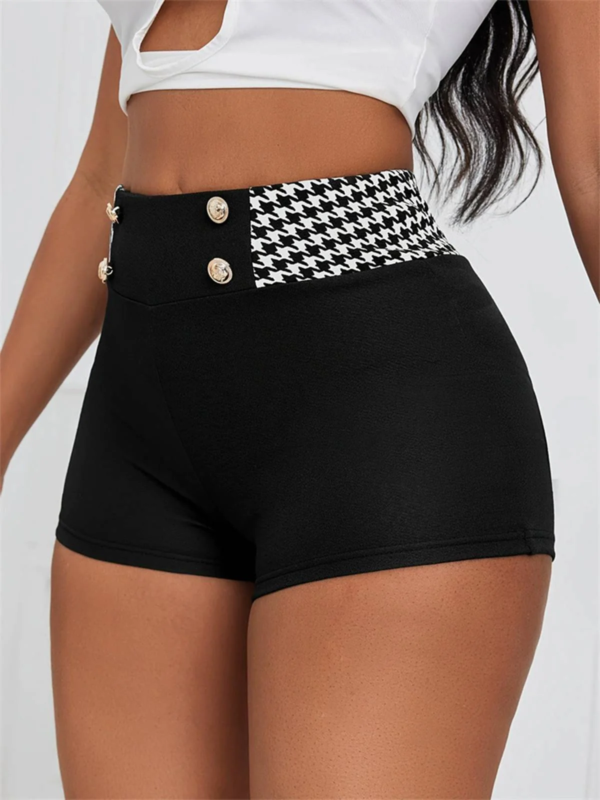 Black 1970s Houndstooth Patchwork Tight Shorts - Image 2