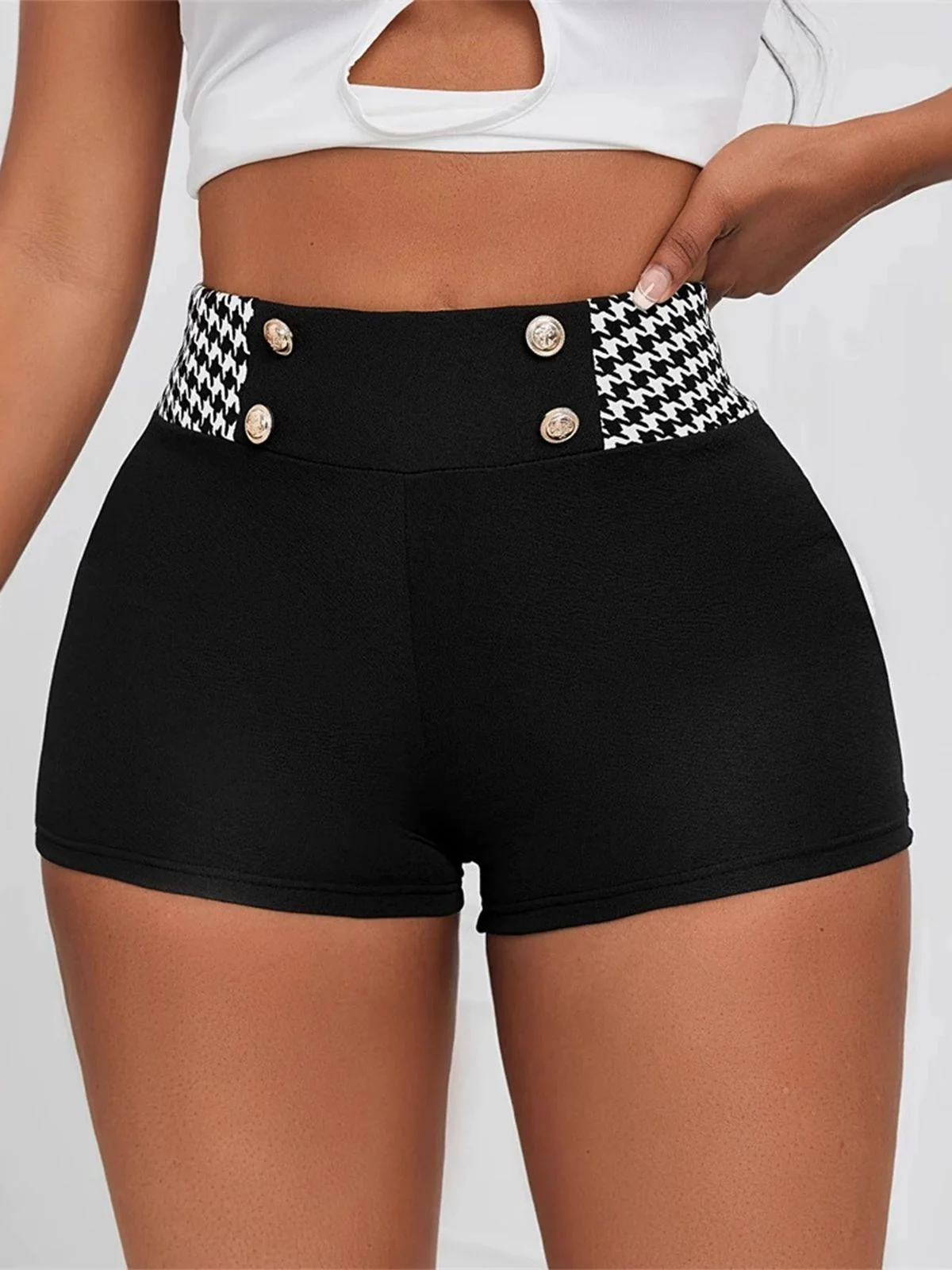 Black 1970s Houndstooth Patchwork Tight Shorts - Image 3