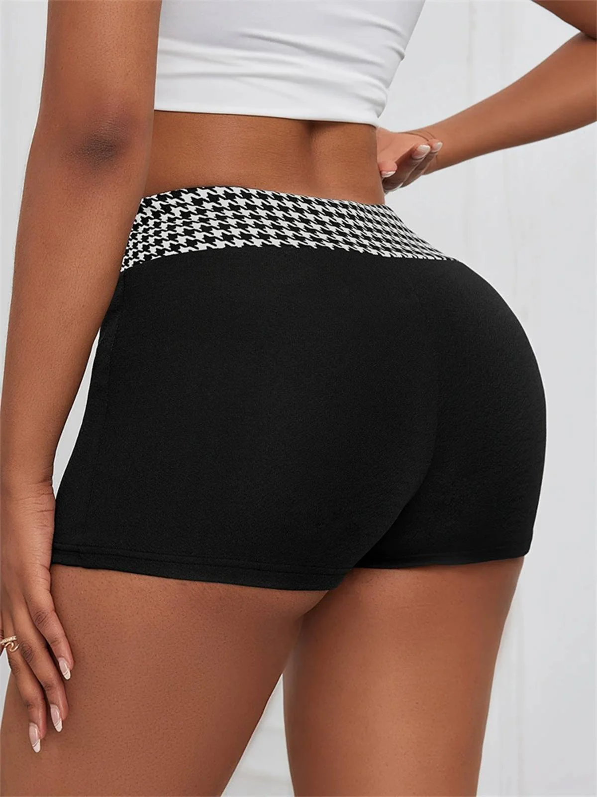 Black 1970s Houndstooth Patchwork Tight Shorts - Image 4