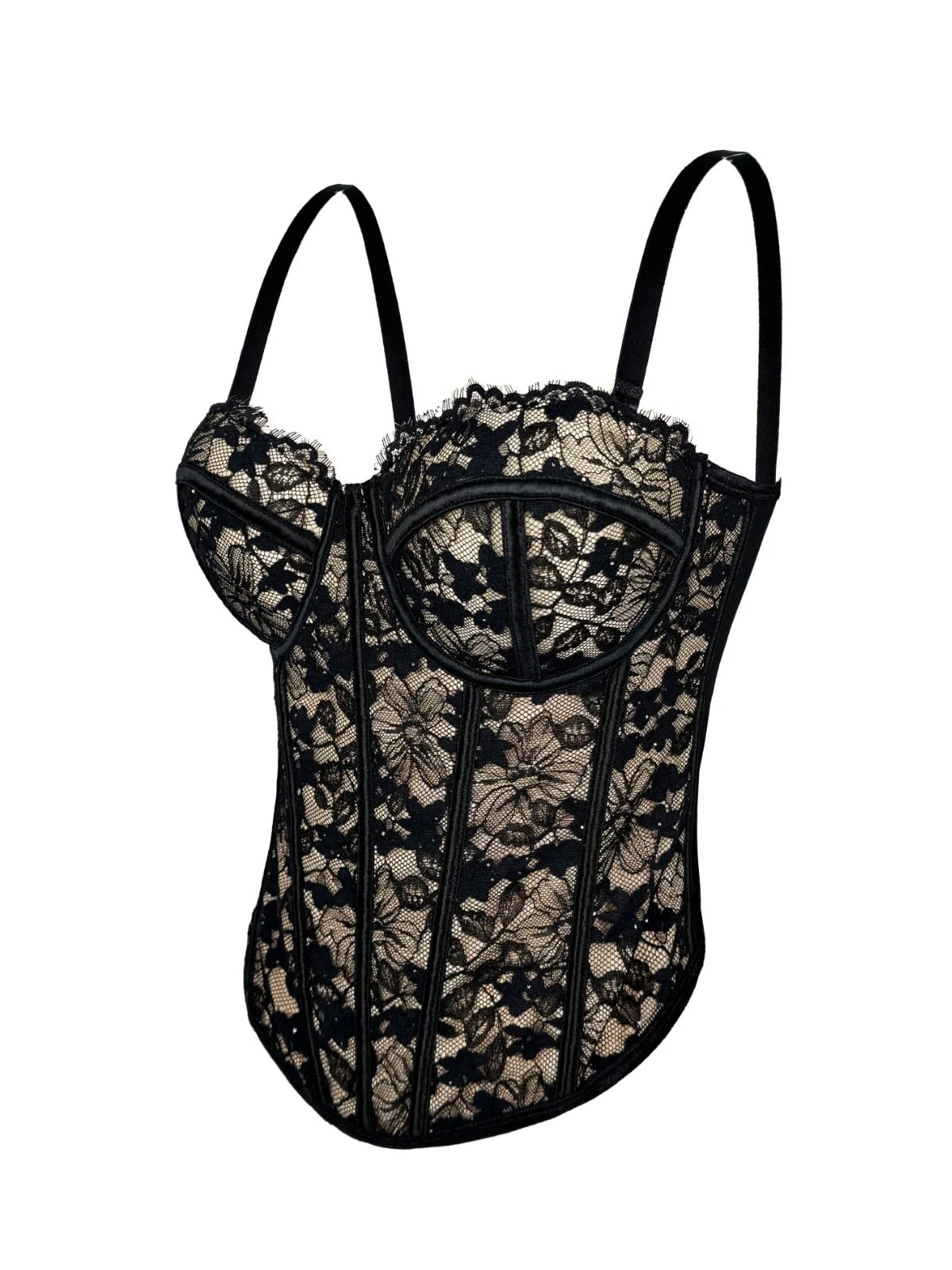 Black 1970s Lace Floral Herringbone Corset - Image 2