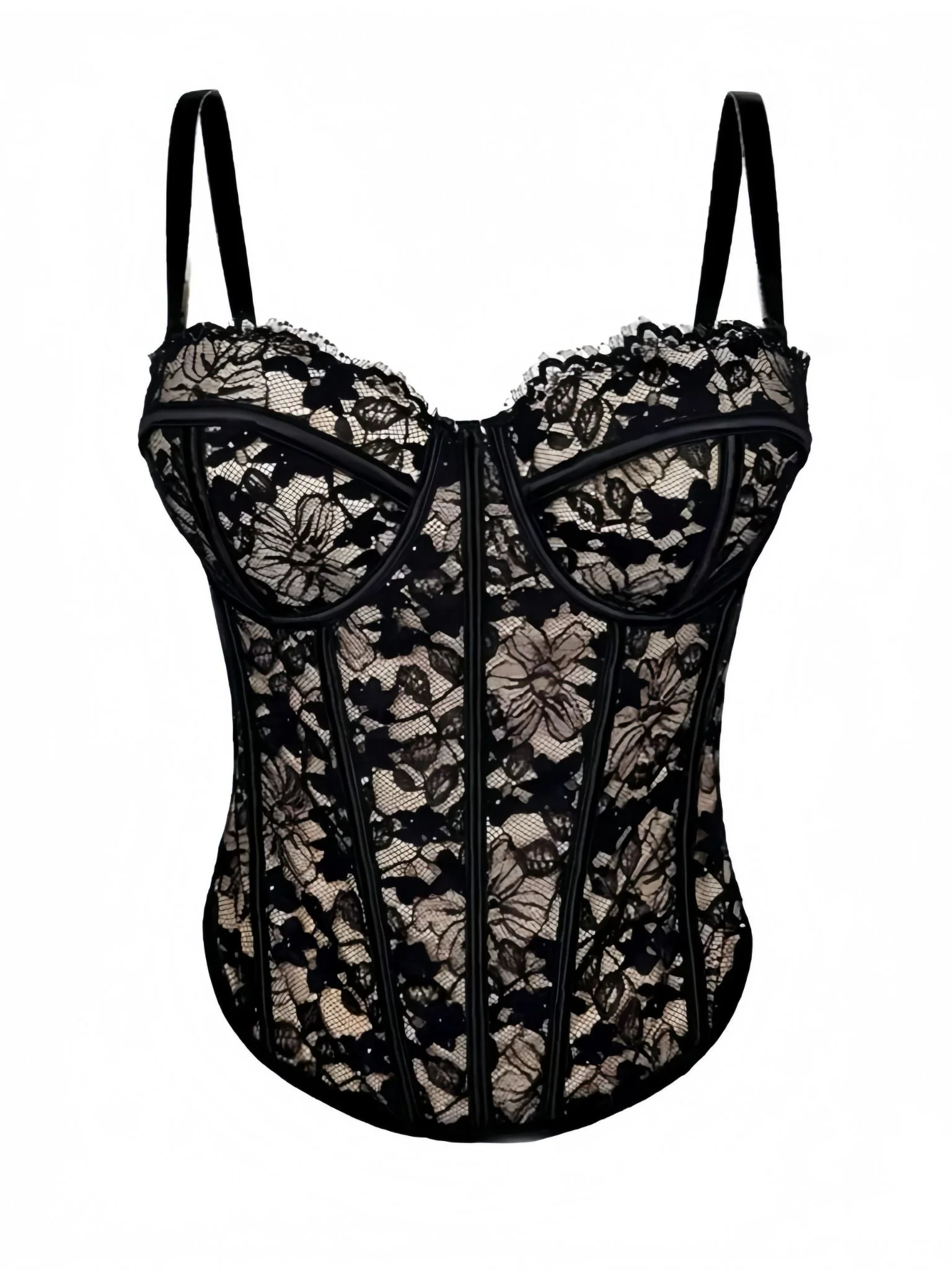 Black 1970s Lace Floral Herringbone Corset - Image 4