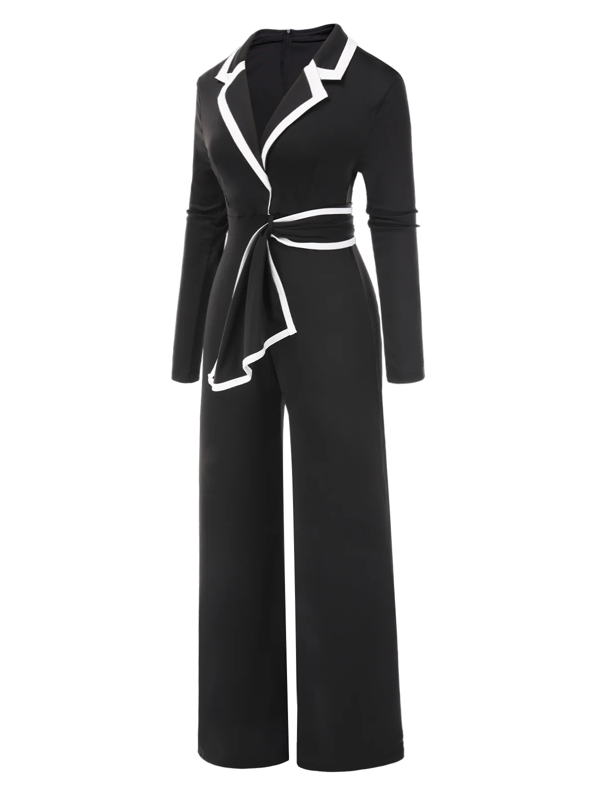 Black 1970s Lapel Color Block Belted Jumpsuit - Image 2